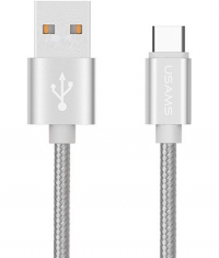 Usams Nylon Woven Standaard USB naar USB-C Kabel (200cm) - Zilver